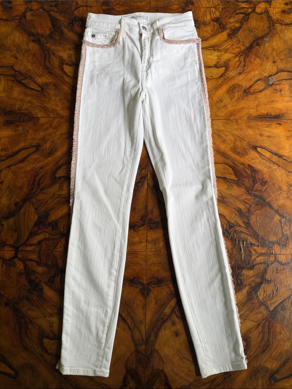 7 For All Mankind White Skinny Jeans with Pink Fringe Trim
